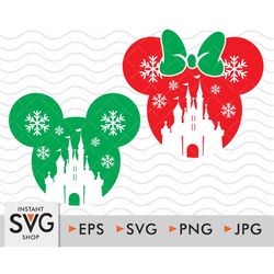Christmas 2022 SVG, Mickey & Minnie Mouse, Disneyland Castle Silhouette, Winter with Snowflakes, Cut files for Cricut Pn