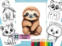 Cute Animals Coloring Book, 32 Printable PDF Pages for Kids, Cartoon Baby Animals Coloring Page, Instant Download