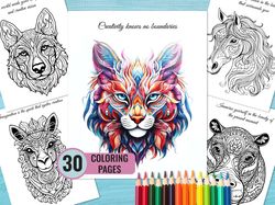 animal mandala coloring book, 30 inspiring printable pages for adult and kids, relaxation coloring pages, instant downlo