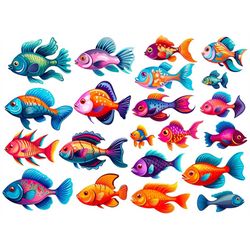 Fish Mega Clipart Set, Fish PNG, Fish Clipart, Sea Creatures Clipart, Sea Animals, Sublimation, Cute Sea Creatures PNG,
