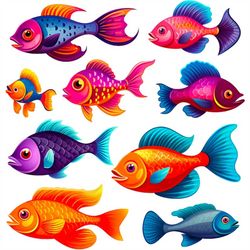 Fish Clipart Set, Fish PNG, Fish Clipart, Sea Creatures Clipart, Sea Animals, Sublimation, Cute Sea Creatures PNG, Cute