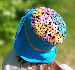 Sun hat women, summer ladies hat, basket hat women, panama hat for women, crochet boonie hat, blue hat with flowers