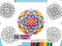 Mandala Coloring Book, 50 Printable Pages for Adult and Kids, Relaxation Coloring Pages, Instant Download Mandala Bundle