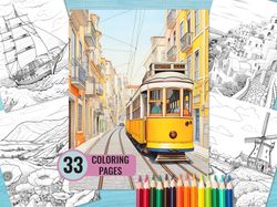 Landscape Coloring Pages, 33 Printable Scenery Coloring Book for Adult, Cityscape Grayscale Coloring Page, download