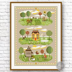 Sampler Summer Village Cross Stitch Pattern Embroidery Digital PDF File Instant Download 351