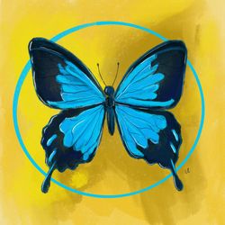 Blue Butterfly on Yellow Background Art Print Original Painting Wall Decor