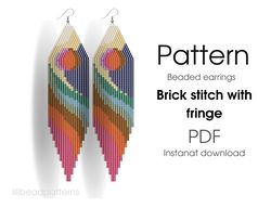 Beaded earrings PATTERN for brick stitch with fringe - Sunset, mountains pattern - Instant download