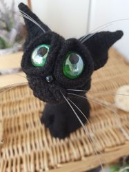 Black cat sculpture realistic pet replica 6 inch. Handmade custom interior Sphynx cat toy for house decor. Green eyes