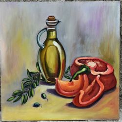 Kitchen still life, pepper and olive oil. Painting for kitchen interior decoration.