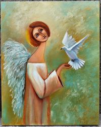 Angel with dove of peace. The original painting