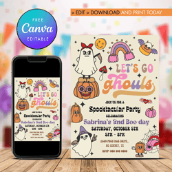 Let's Go Ghouls Birthday Invitation, Boo Groovy Birthday Invitation Canva Editable Instant Download
