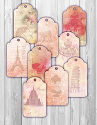 Printable Vintage French Ephemera Paris Gift Tags Collage Sheet Digital Gift Tags Instant Download