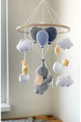 Big campaign!! Elephant baby mobile for boy, elephant with balloons baby mobile, boy cot, baby shower gift