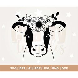 Cow with Flower Crown Svg, Cow with Flowers on Head, Cute Cow Svg, Farm Animals png, Animal Face, Floral Crown, dxf, Sil