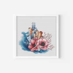 Coral Cross Stitch Pattern PDF, Nautical Flower Cross Stitch, Floral Bouquet Cross Stitch, Coastal Decor Wall Art