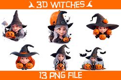 Halloween Witch in Hat  3D Cartoon 13 PNG Files Sublimation Digital  File