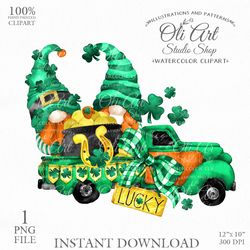 St. Patricks Day Gnome Clip Art, Truck, Pick Up Car. Gnome Images. Gnomes Graphics. Cute Gnome PNG. Gnome Digital