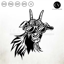 adorable goat wearing sunglasses, goat svg, goat face, goat png, goat cutfile, goat cricut, goat head silhouette, goat s