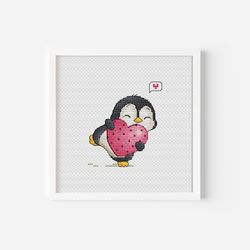 Penguin Cross Stitch Pattern PDF, Heart Cross Stitch, Valentine's Day Cross Stitch, Instant Download, Love Cross Stitch