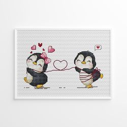 Penguin Cross Stitch Pattern PDF, Love Cross Stitch, Valentines Day Cross Stitch, Instant Download, Heart Cross Stitch