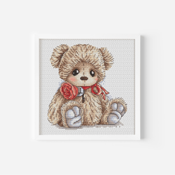 Bear Cross Stitch Pattern PDF, Rose Cross Stitch, Instant Download, Animal Cross Stitch, Cute Teddy Bear Counted Cross