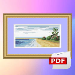 Sunny Beach Counted Cross Stitch PDF Pattern, Tropical Island and Palm Trees, Summer Landscape, Hand Embroidery