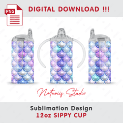 3D Inflated Puff Mermaid Scales - Seamless Sublimation Pattern - 12oz SIPPY CUP - Full Cup Wrap