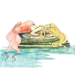 Mermaid Watercolor Painting - Print of Mermaid Sleeping, Watercolor Painting, Mermaid Art