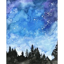 watercolor painting, galaxy painting, night sky, galaxy print, stars, starry night, watercolor print, night sky print,pr