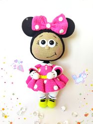 Amigurumi doll Bonnie dressed as Minnie. Cuddle friendly doll crocheted in Minnie costume. Nursery decor soft girl doll.