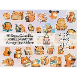 Kawaii Cat Stickers Print and Cut PNG SVG Bundle - 33 Cute Orange Cat Designs - Vector Files Printable EPS Clipart For C
