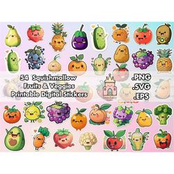 Fruit & Vegetable Stickers PNG SVG Bundle - 50 Kawaii Cute Print and Cut Designs with Vector EPS Files Clipart for Cricu