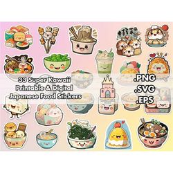 Kawaii Print and Cut Stickers PNG SVG Bundle - 20 Cute Japanese Food Designs - Printable Vector EPS Files Clipart For Cr