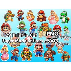 Print & Cut Super Mario Bros Digital Stickers PNG SVG Bundle - 22 Cute Designs - Printable Vector Files Clipart for Cric