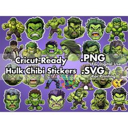 Print & Cut Hulk Digital Stickers PNG SVG Bundle - Chibi Incredible Hulk Designs - Printable Vector Files Clipart for Cr