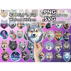 Kawaii Wolves SVG PNG Stickers File Bundle - 43 Cute Wolf Designs - Printable Vector Files Digital Clipart for Cricut |