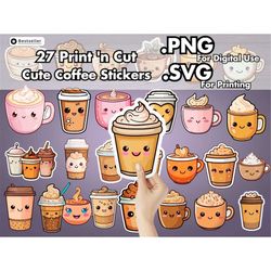 Coffee SVG PNG Stickers File Bundle - 27 Cute Mocha Cafe Designs - Printable Vector Files Digital Clipart for Cricut | I