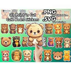 Bear SVG PNG Stickers File Bundle - 31 Cute Baby Bears Designs - Printable Vector Files Digital Clipart for Cricut | Ins