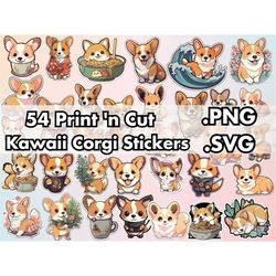 Corgi Stickers PNG SVG Bundle - 54 Cute Dog Digital Print and Cut Designs - Vector File Printable Clipart for Cricut - I