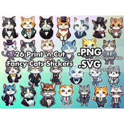 Print & Cut Fancy Cats SVG PNG Digital Stickers Bundle - 26 Chibi Designs - Printable Vector Files Clipart for Cricut |
