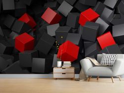 3D Wall Mural - Red Black Cubes
