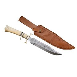 15" Handmade Damascus Steel Hunting Knife, Hand Forged Damascus Steel Fixed Blade Bowie Knife, Genuine Leather Sheath,