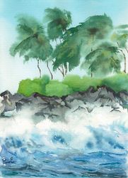 Coastal waves and palm trees