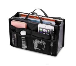 Women Multi-Pocket Travel Handbag Organizer Insert w Zipper Handles Purse Liner