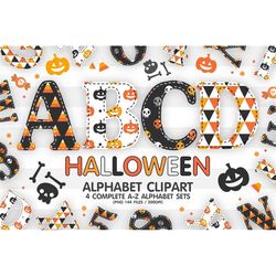 Halloween Doodle Alphabet Sublimation Clipart PNG, Number & A-Z Upper Case Font Letters Complete Set Bundle