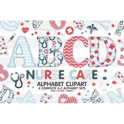 Nurse Care Doodle Alphabet Sublimation Clipart PNG, Number & A-Z Upper Case Font Letters Complete Set Bundle