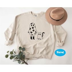 Halloween Sweatshirt- Cat Ghost Halloween Sweaters - Cat Mom Sweater - Retro Ghost Sweater - Hot Ghoul Crewneck - Ghost