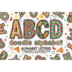 Pizza Doodle Alphabet Letters Sublimation Clipart PNG, Number & A-Z Uppercase and Lowercase Font Letters Complete Set Bu