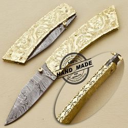 new damascus folding knife with brass hand engraving handle gift, folding knife groomsmen anniversary gift boyfriend