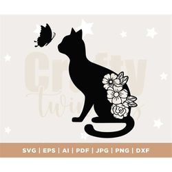 Floral Cat SVG, Cat SVG Files for Silhouette Cameo & Cricut, Floral Animal, Floral Cat Silhouette SVG, Cat Flower, Wildf
